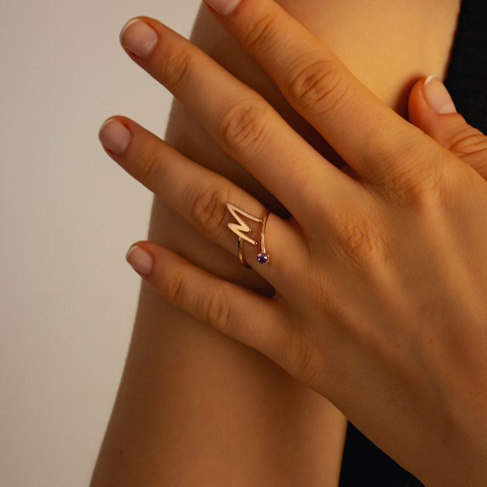 Custom Adjustable Ring – Birthstone & Initial