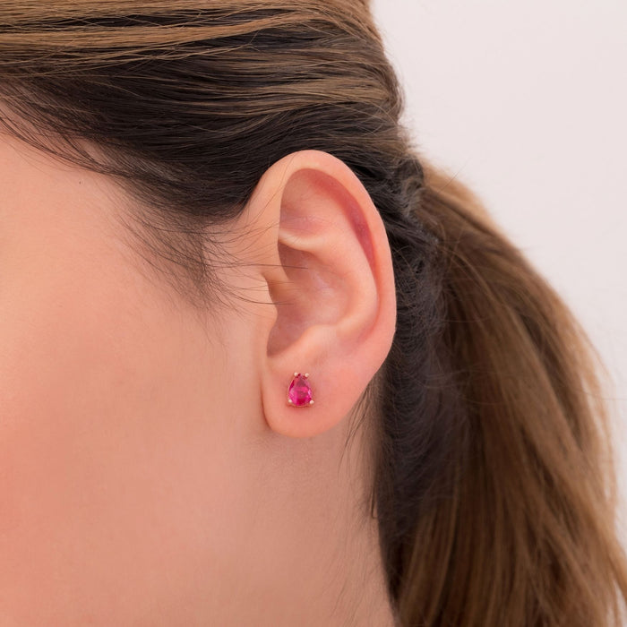 Tear Drop Ruby (Zircon) Birthstone Stud Earrings – Silver & Gold | July Birthstone Jewellery