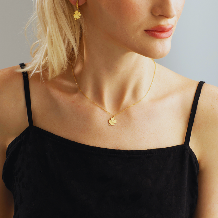 Four Leaf Clover Charm Necklace & Earrings Set – Silver & Gold | Symbol of Luck