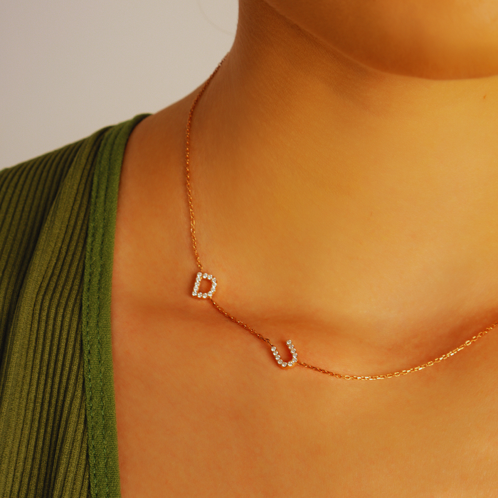 Initial Sideways Necklace – Silver & Gold | Personalized Pave Letters