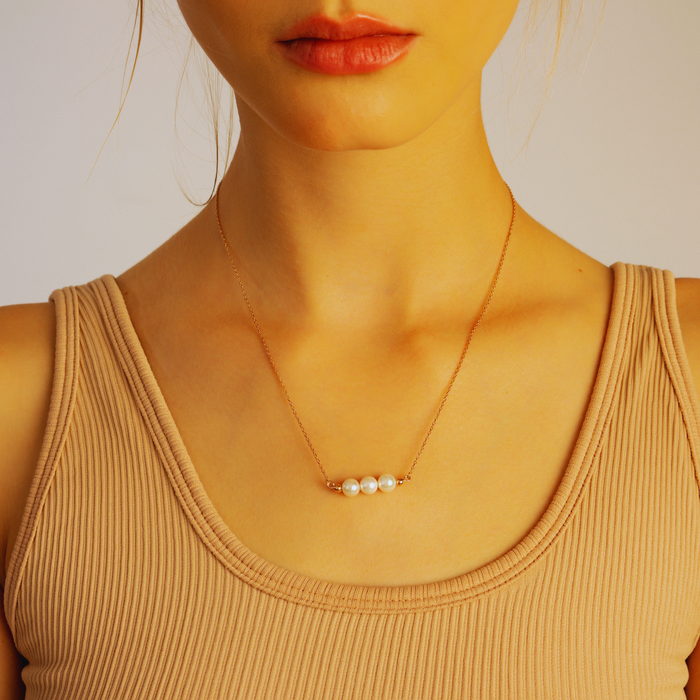 Dainty Three Pearl Bead Necklace – Silver & Gold