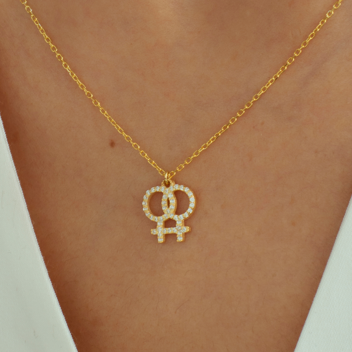 Pave Initial Lesbian Symbol Necklace – Silver & Gold | Pride Jewellery