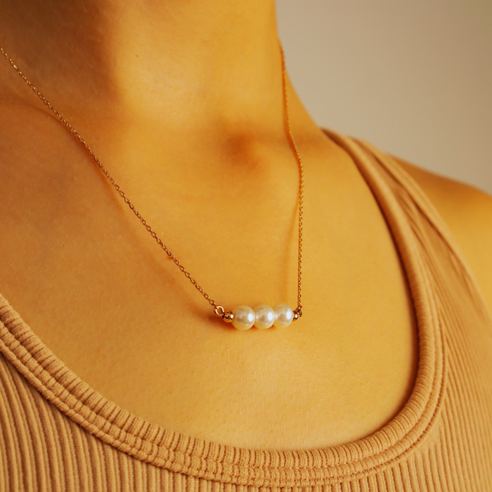 Dainty Three Pearl Bead Necklace – Silver & Gold