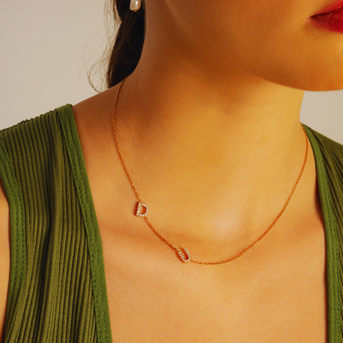 Initial Sideways Necklace – Silver & Gold | Personalized Pave Letters