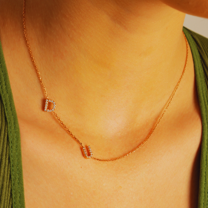 Initial Sideways Necklace – Silver & Gold | Personalized Pave Letters