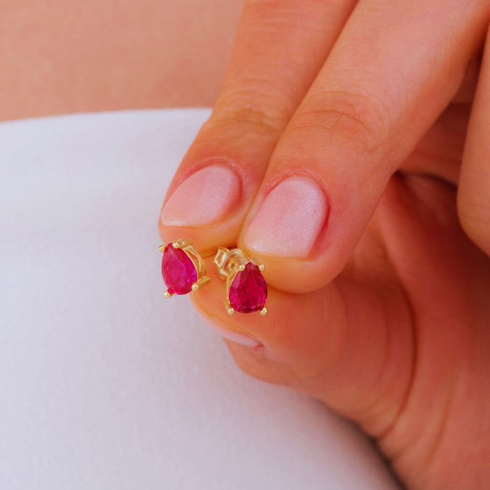 Tear Drop Ruby (Zircon) Birthstone Stud Earrings – Silver & Gold | July Birthstone Jewellery