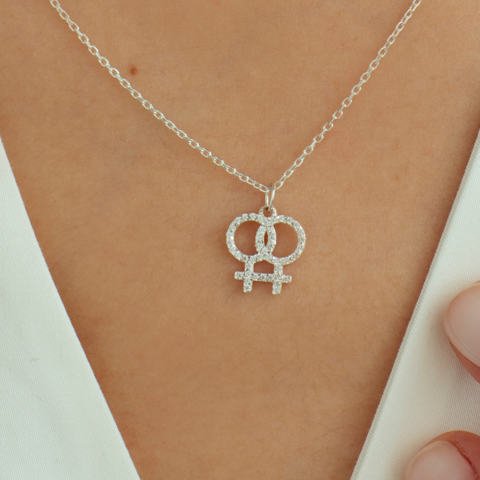 Pave Initial Lesbian Symbol Necklace – Silver & Gold | Pride Jewellery