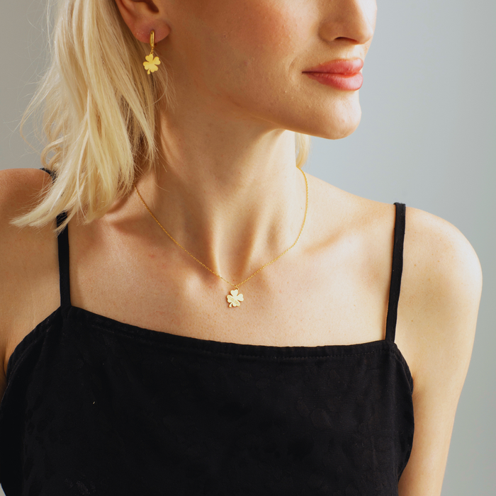 Four Leaf Clover Charm Necklace & Earrings Set – Silver & Gold | Symbol of Luck
