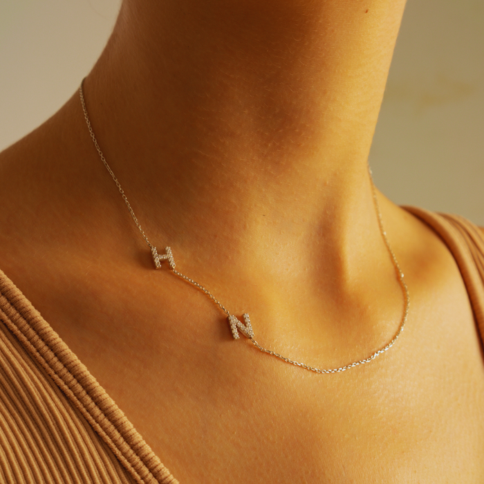 Initial Sideways Necklace – Silver & Gold | Personalized Pave Letters