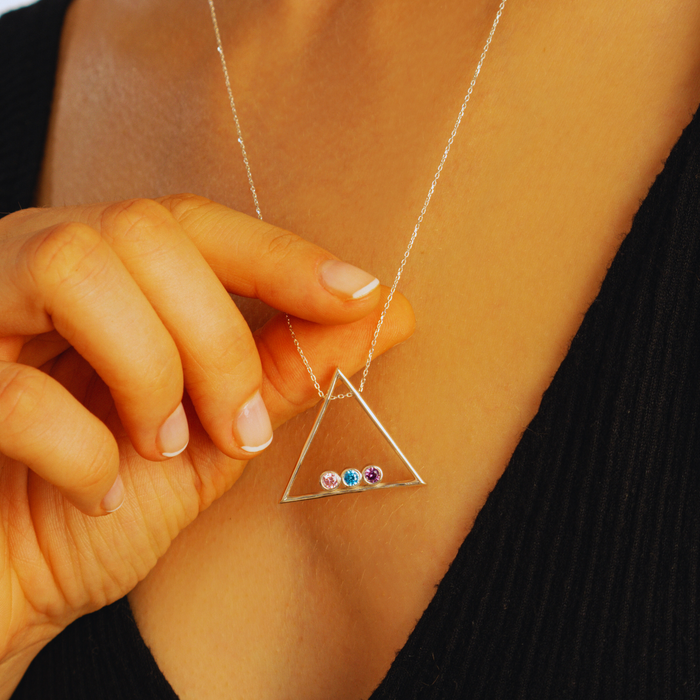 Custom Family Birthstone Triangle Pendant Necklace – Silver, Gold & Rose Gold
