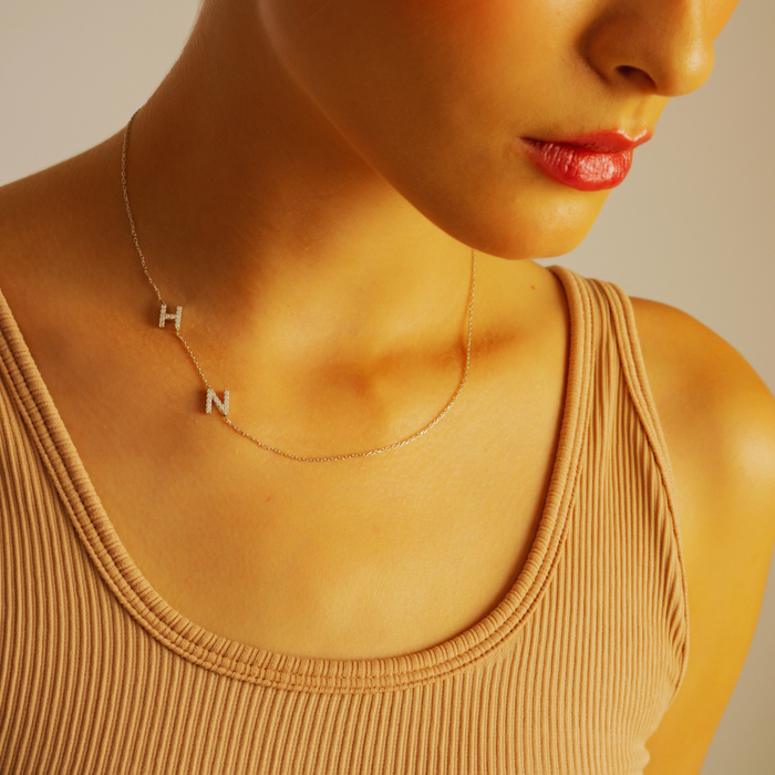 Initial Sideways Necklace – Silver & Gold | Personalized Pave Letters