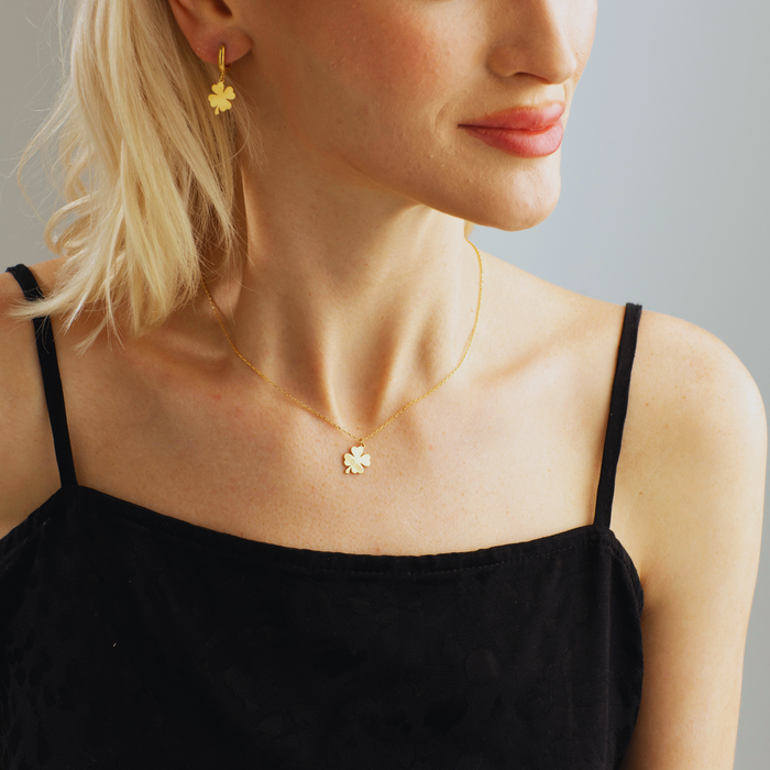 Four Leaf Clover Charm Necklace & Earrings Set – Silver & Gold | Symbol of Luck