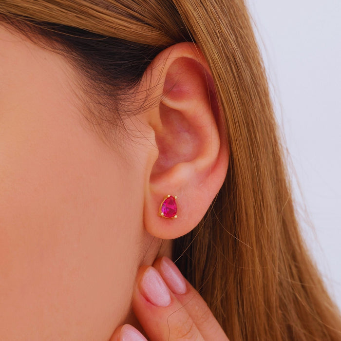 Tear Drop Ruby (Zircon) Birthstone Stud Earrings – Silver & Gold | July Birthstone Jewellery