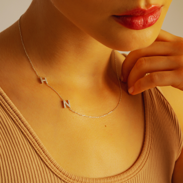 Initial Sideways Necklace – Silver & Gold | Personalized Pave Letters