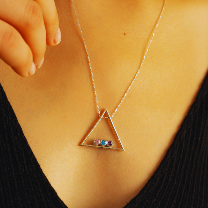 Custom Family Birthstone Triangle Pendant Necklace – Silver, Gold & Rose Gold