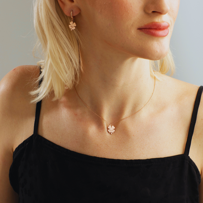 Four Leaf Clover Charm Necklace & Earrings Set – Silver & Gold | Symbol of Luck
