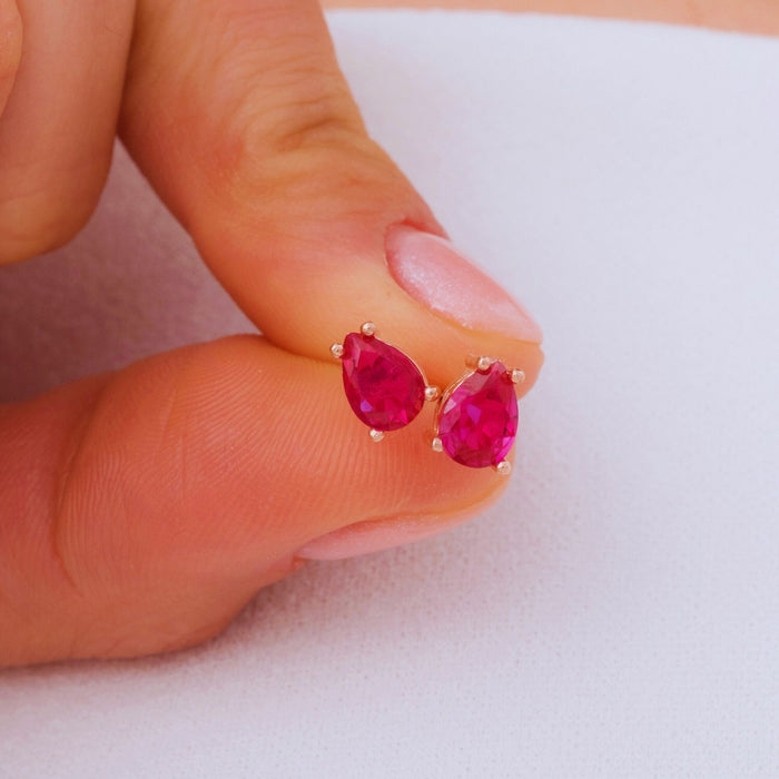 Tear Drop Ruby (Zircon) Birthstone Stud Earrings – Silver & Gold | July Birthstone Jewellery