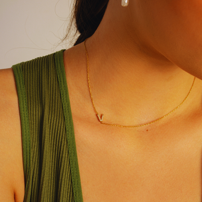 Initial Sideways Necklace – Silver & Gold | Personalized Pave Letters