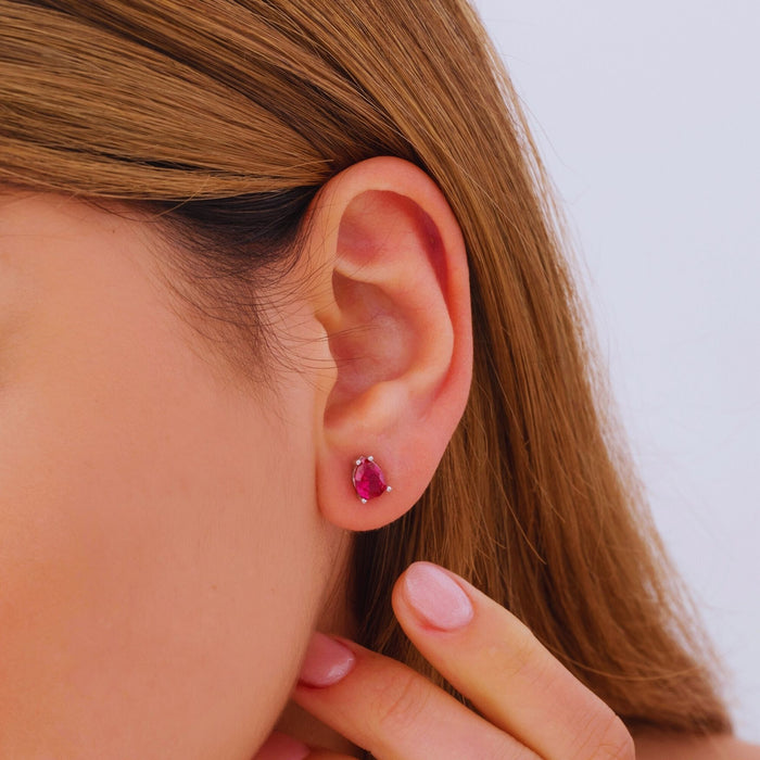 Tear Drop Ruby (Zircon) Birthstone Stud Earrings – Silver & Gold | July Birthstone Jewellery