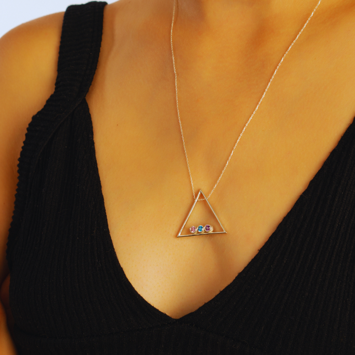 Custom Family Birthstone Triangle Pendant Necklace – Silver, Gold & Rose Gold