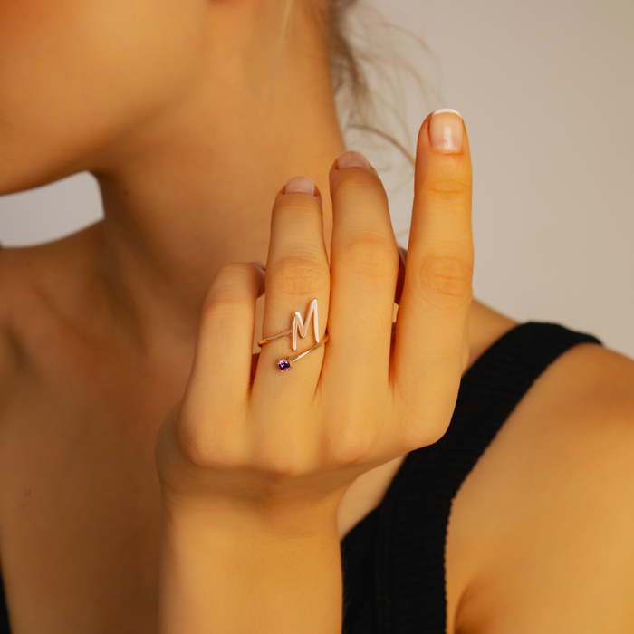 Custom Adjustable Ring – Birthstone & Initial