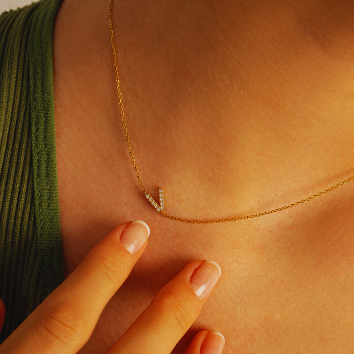 Initial Sideways Necklace – Silver & Gold | Personalized Pave Letters